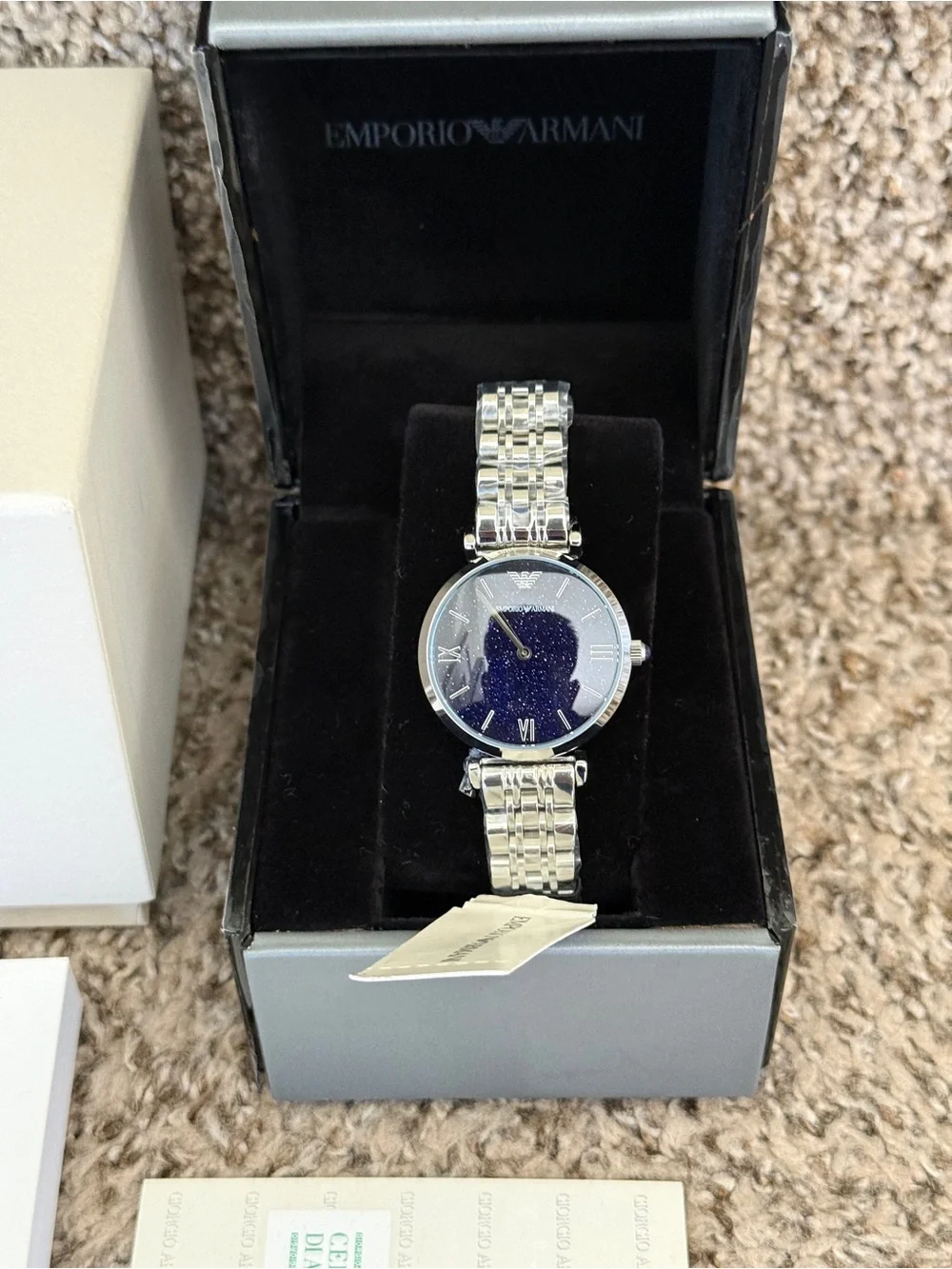 Emporio Armani women’s Silver Bracelet Watch with Sparkling Navy Dial